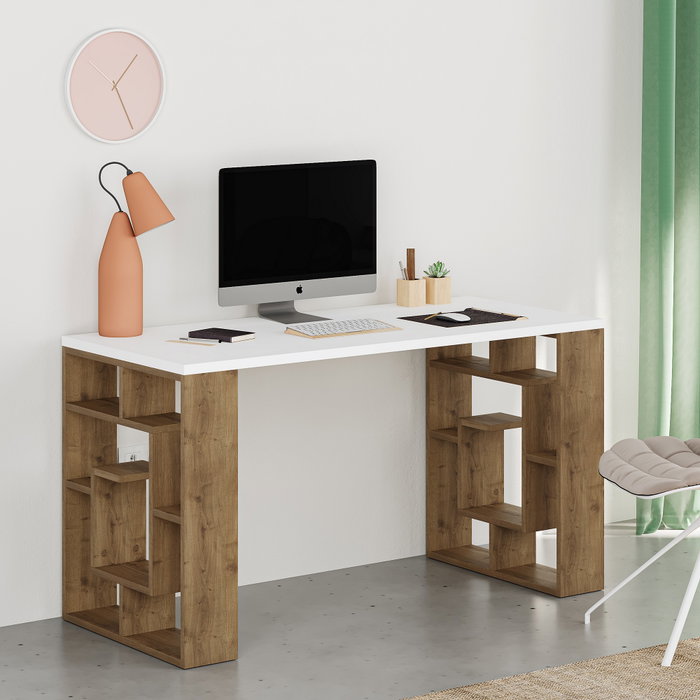 Hanah Home Maze Escritorio de Estudio Blanco y Roble Oscuro